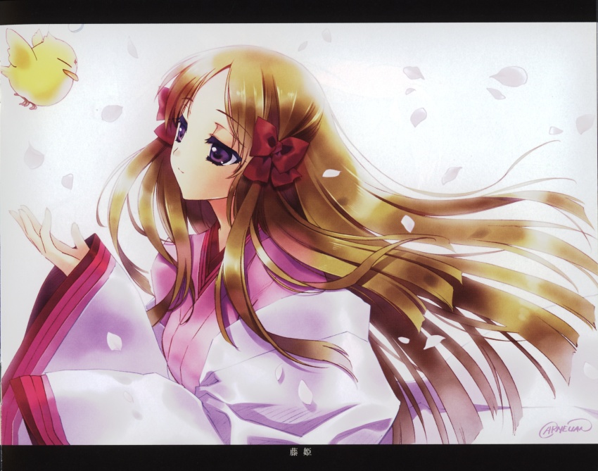 00s, 1girl, absurdres, artist_name, azuma_hatsumi, bird, blonde_hair, bow