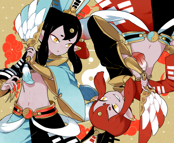 10s, 2boys, black_hair, fingernails, grin, l_hakase, long_fingernails, male_focus