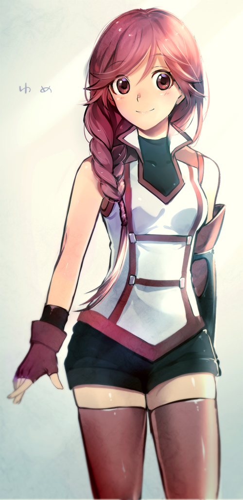 10s, 1girl, asymmetrical_gloves, bad_id, bad_pixiv_id, braid, character_name, cowboy_shot, dodonko, eyebrows, female_focus, fingerless_gloves, gloves, hai_to_gensou_no_grimgar, hair_over_shoulder, hiragana, looking_at_viewer, red_eyes, red_hair, red_thighhighs, shorts, single_braid, smile, solo, thighhighs, uneven_gloves, yume_(grimgar), zettai_ryouiki