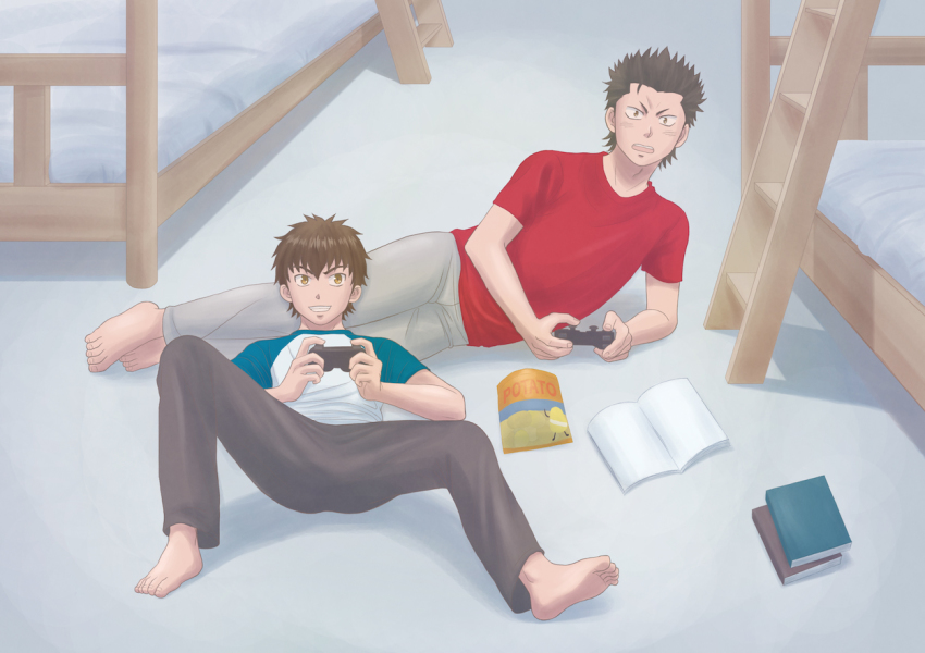2boys, ace_of_diamond, barefoot, bed, food, kuramochi_youichi, lying_on_person, male_focus, multiple_boys, pants, sawamura_eijun, siroki, smile, tagme, teeth