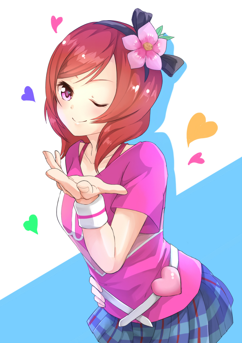 10s, 1girl, ;), female_focus, flower, hair_flower, hair_ornament, hair_ribbon