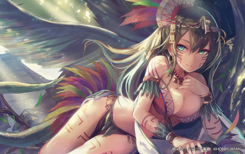 1girl, breasts, brown_hair, character_request, cleavage, copyright_name, feathers, female_focus