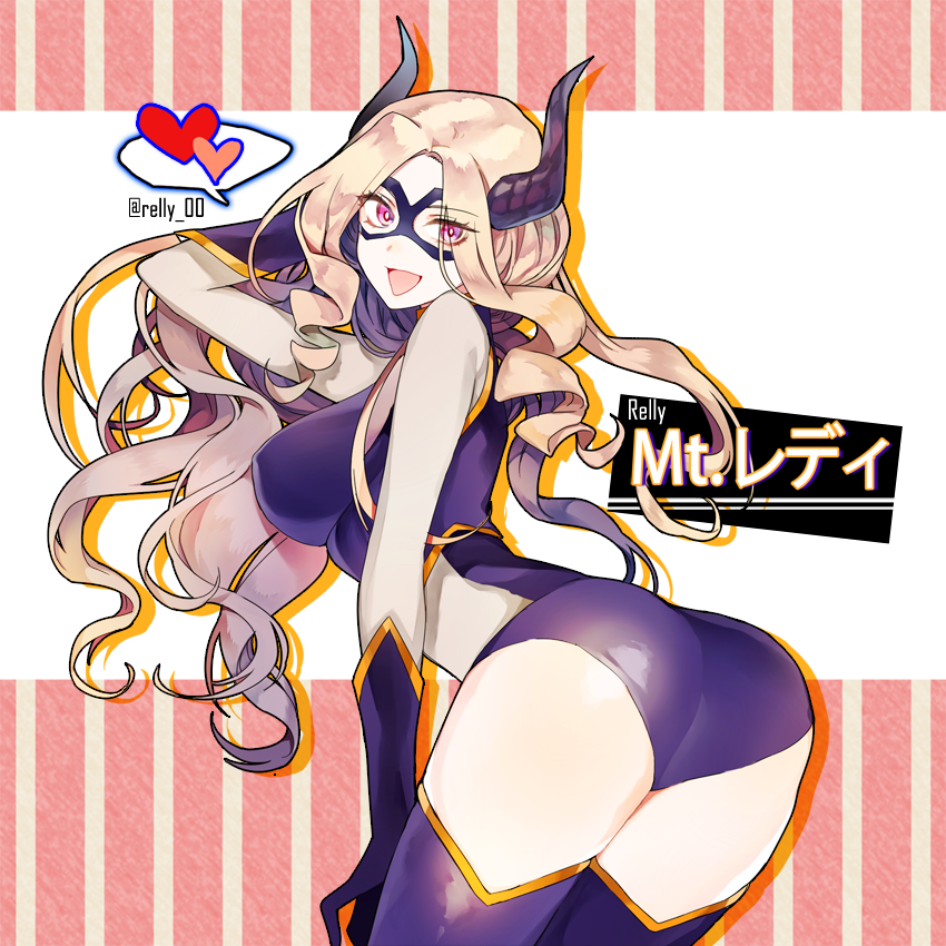 10s, 1girl, :d, arched_back, arm_behind_head, arm_up, artist_name, ass, bad_id, bad_pixiv_id, bent_over, blonde_hair, bodysuit, boku_no_hero_academia, breasts, character_name, cowboy_shot, domino_mask, elbow_gloves, eye_mask, eyebrows, eyes_visible_through_hair, female_focus, from_side, gloves, hand_in_own_hair, hand_on_own_thigh, happy, heart, horns, japanese_text, large_breasts, leaning_forward, leotard, long_hair, looking_at_viewer, looking_back, mask, mount_lady, mouth_mask, open_mouth, purple_eyes, purple_gloves, purple_thighhighs, relly, shadow, sidelocks, silver_hair, skin_tight, smile, solo, speech_bubble, spoken_heart, standing, superhero_costume, thighhighs, tongue, twitter_username, very_long_hair, wavy_mouth, white_background