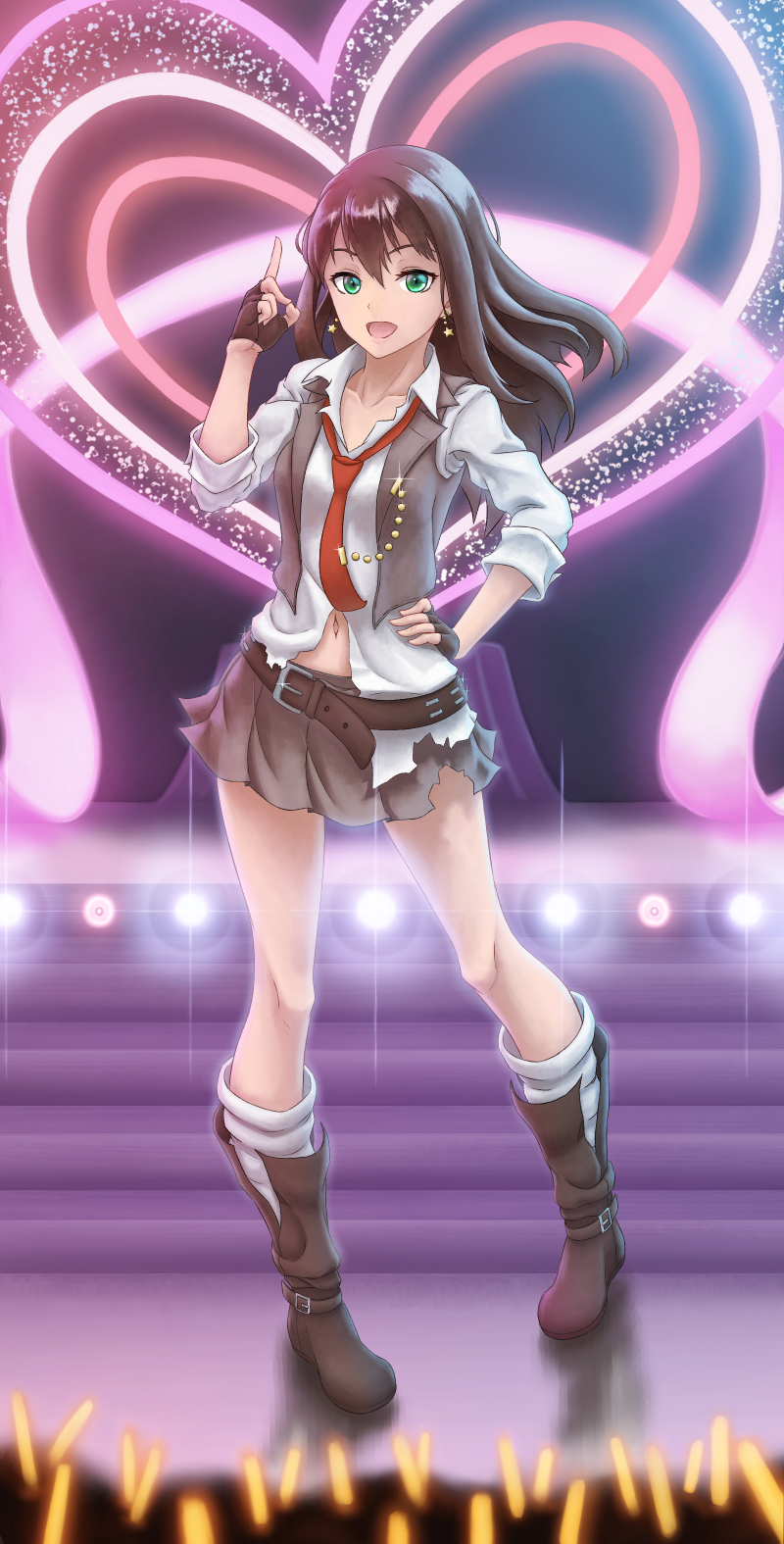 10s, 1girl, anidante, belt, brown_hair, earrings, female_focus, fingerless_gloves