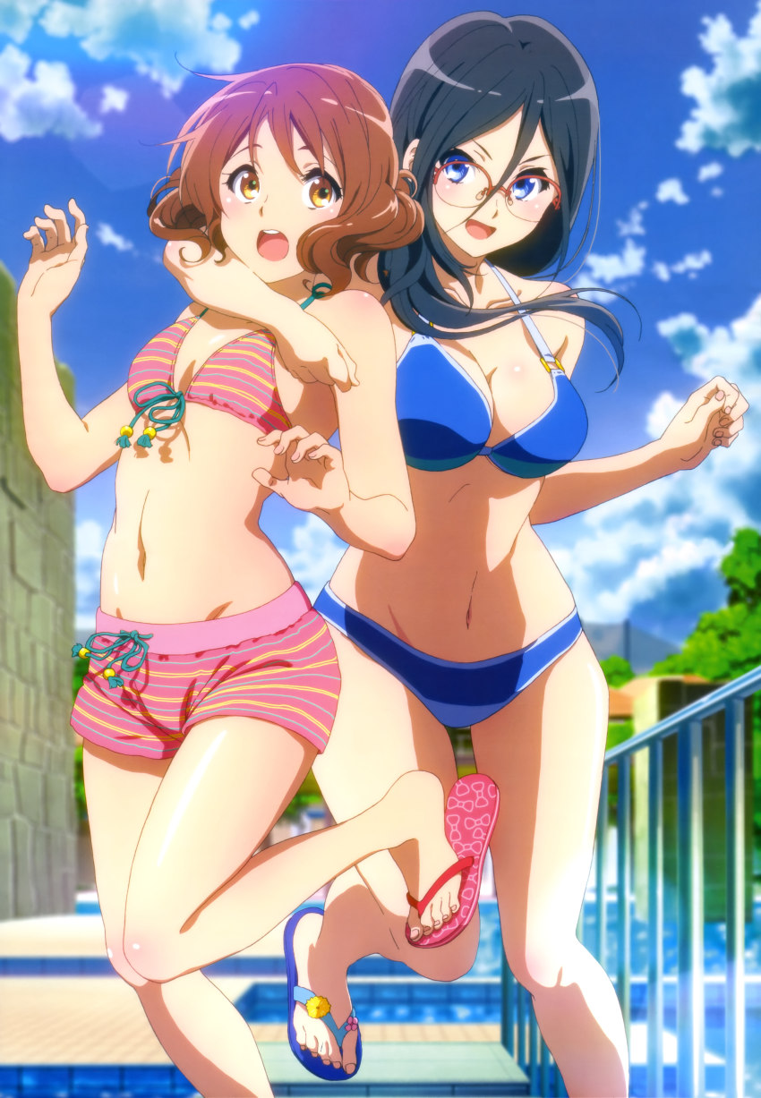 10s, 2girls, :d, absurdres, bikini, bikini_shorts, black_hair, blush