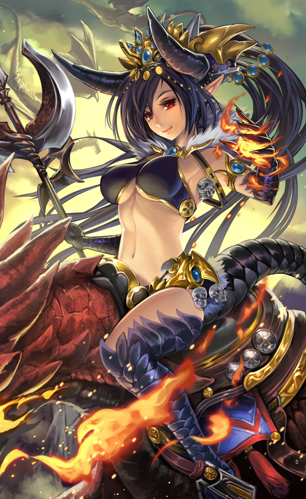 1girl, armlet, armpits, axe, bikini, bikini_top_only, black_hair, breasts, closed_mouth, cloud, coin_(ornament), creature, dragon, dragon_girl, dragon_horns, dragon_tail, eyelashes, female_focus, fingernails, fire, fur_trim, gem, holding, holding_weapon, horns, jewelry, kazto_furuya, long_fingernails, long_hair, looking_at_viewer, moeru!_dragon_jiten, moeru!_jiten, pointy_ears, ponytail, red_eyes, riding, scales, skull, sky, slavic_mythology, slit_pupils, smile, solo, swept_bangs, swimsuit, tail, tugarin_zmeyevich, underboob, very_long_hair, weapon