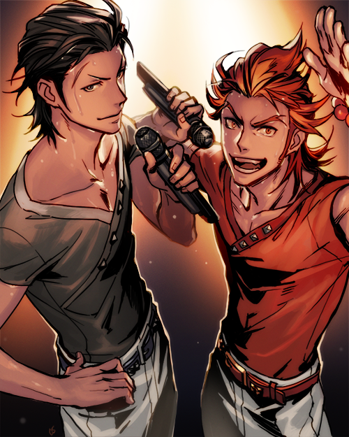 10s, 2boys, akai_suzaku, bad_id, bad_pixiv_id, belt, black_hair, bracelet, from_above, glasses, hair_slicked_back, hand_on_own_hip, idolmaster, idolmaster_side-m, iwa_(iwa000ima), jewelry, kurono_genbu, looking_at_viewer, looking_up, male_focus, microphone, multicolored_hair, multiple_boys, pants, red_hair, scar, shinsoku_ikkon, sideburns, smile, spiked_hair, spotlight, sweat, two-tone_hair, white_pants