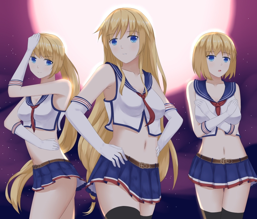 3girls, absurdres, black_legwear, blonde_hair, blue_eyes, breasts, cleavage, commentary