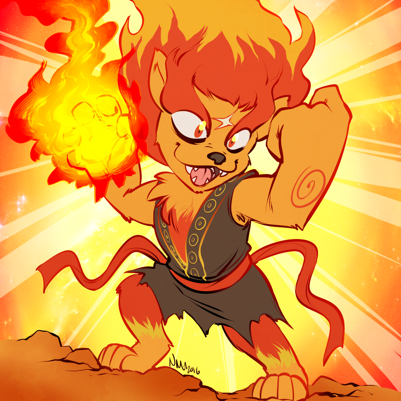 10s, 1boy, 2016, clenched_hand, fire, flaming_hair, lion, male_focus, meramelion, nostalgia-phantom, open_mouth, red_eyes, scar, sharp_teeth, smile, teeth, traditional_youkai, youkai_watch