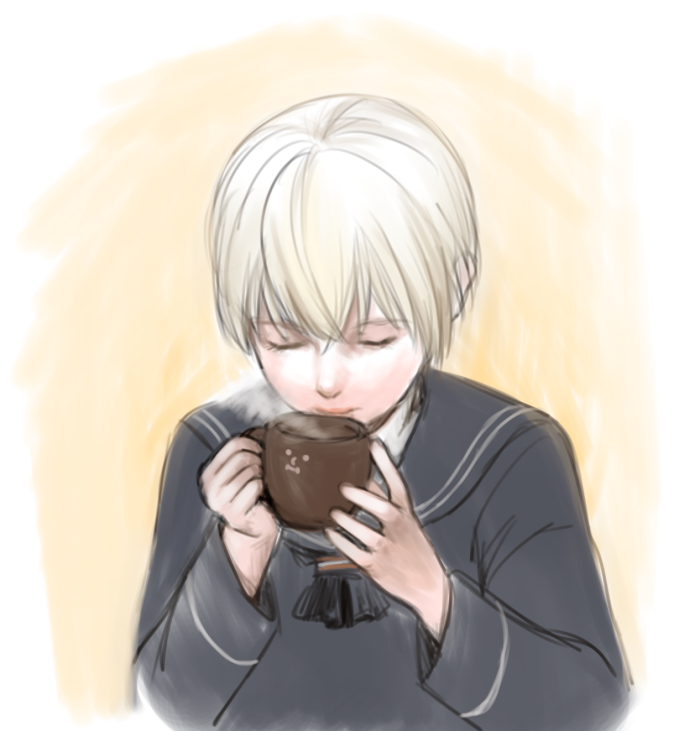 10s, 1girl, androgynous, bad_id, bad_pixiv_id, closed_eyes, cup, dress