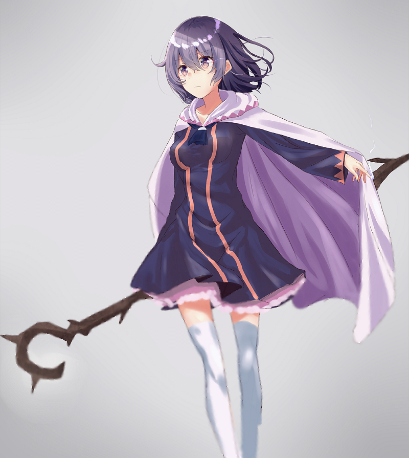 10s, 1girl, cloak, female_focus, grey_background, hai_to_gensou_no_grimgar, hatago_(saka-yume), holding, purple_eyes, purple_hair, shihoru_(grimgar), short_hair, simple_background, solo, staff, thighhighs, white_thighhighs