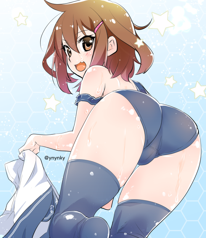 10s, 1girl, :d, anchor_symbol, arched_back, ass, bare_shoulders, black_thighhighs