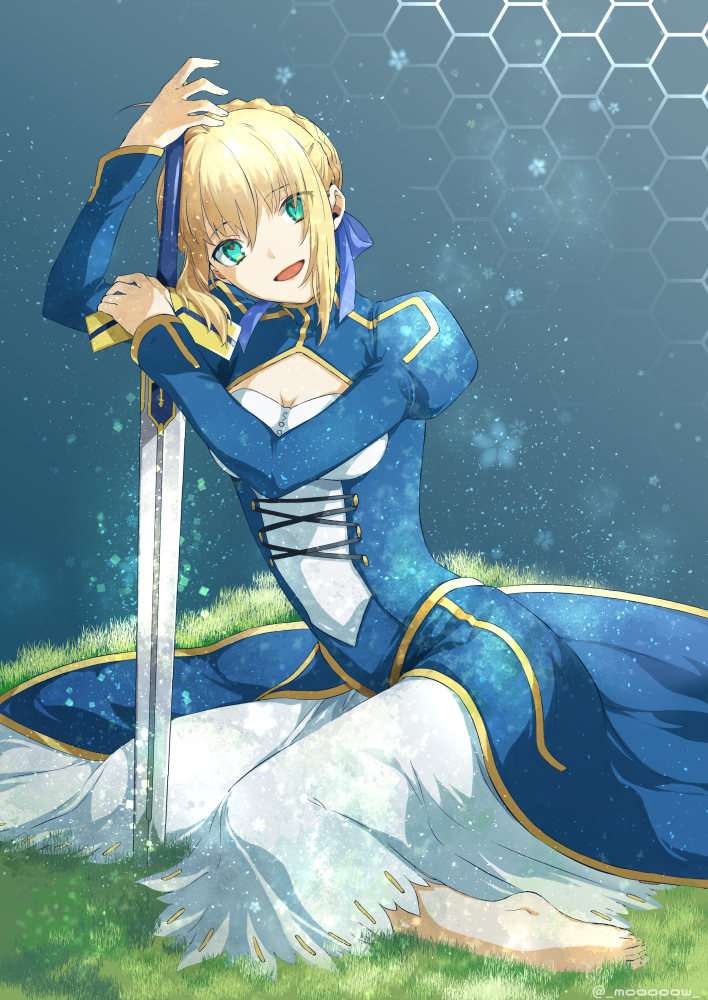 1girl, artoria_pendragon_(fate), barefoot, blonde_hair, dress, excalibur_(fate/stay_night), fate/grand_order, fate/stay_night, fate_(series), female_focus, flower, grass, green_eyes, hair_bun, hair_ribbon, mou_(mooooow), open_mouth, ribbon, saber_(fate), single_hair_bun, sitting, smile, solo, sword, weapon, yokozuwari