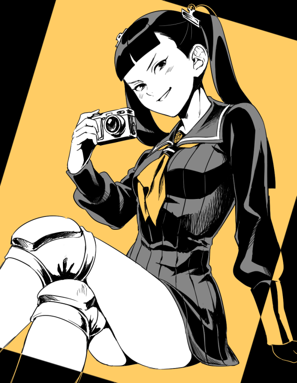 1girl, ace_attorney, bad_id, bad_pixiv_id, black_hair, blush, camera, female_focus