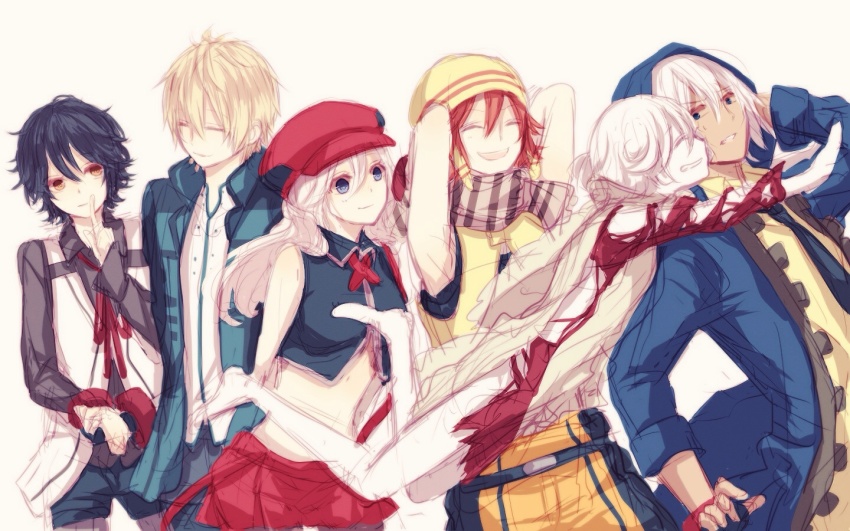 10s, 2girls, 4boys, alisa_ilinichina_amiella, black_gloves, black_hair, blonde_hair, blue_eyes