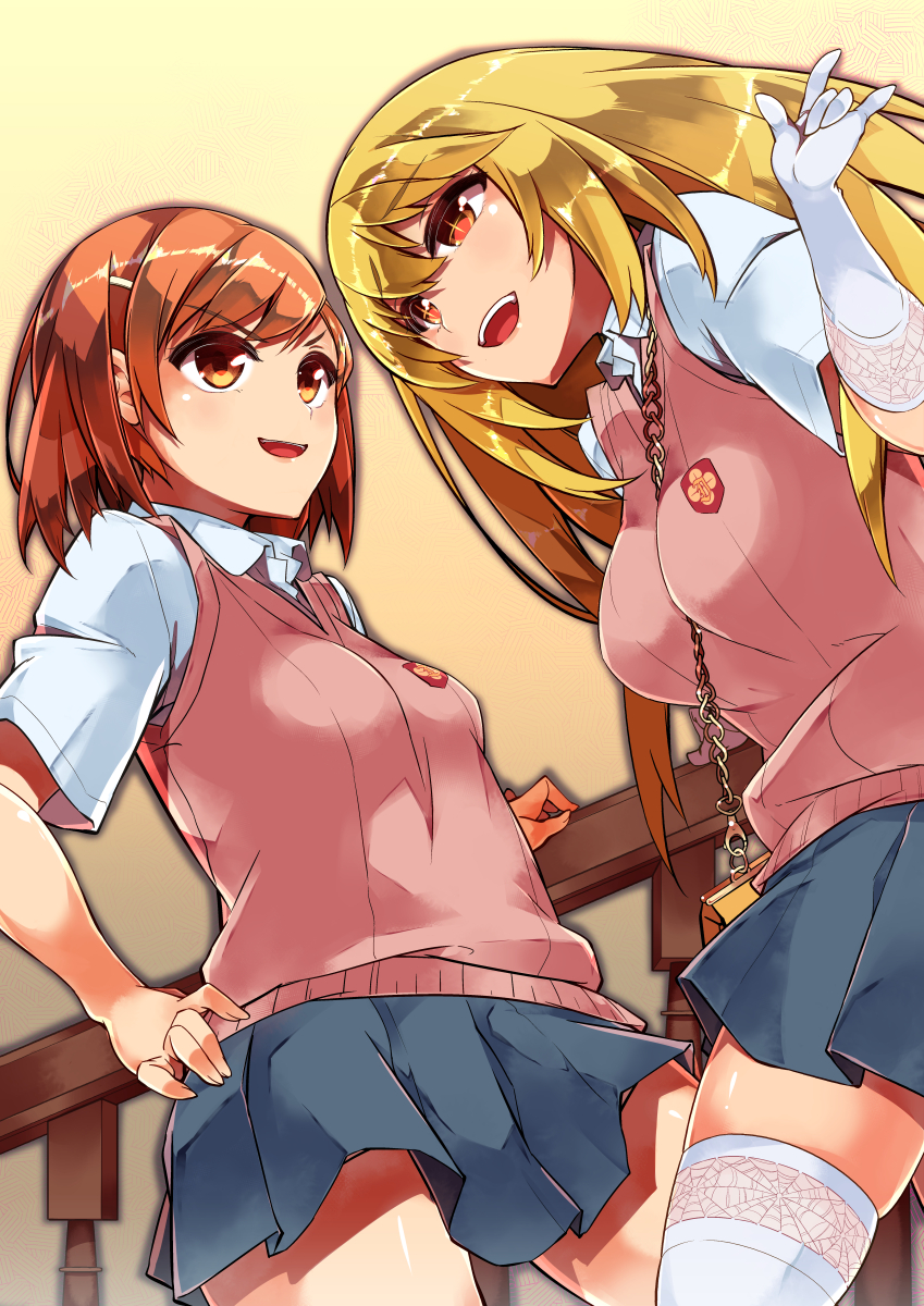 +_+, 2girls, bag, blonde_hair, breasts, brown_eyes, brown_hair, chain, chain_between_breasts, elbow_gloves, female_focus, from_below, gloves, handbag, highres, inomata_mamoru, large_breasts, long_hair, looking_at_viewer, medium_breasts, misaka_mikoto, multiple_girls, school_uniform, shokuhou_misaki, short_hair, sweater_vest, thighhighs, toaru_kagaku_no_railgun, toaru_majutsu_no_index, toaru_majutsu_no_index_gaiden:_toaru_kagaku_no_mental_out, tokiwadai_school_uniform, white_gloves