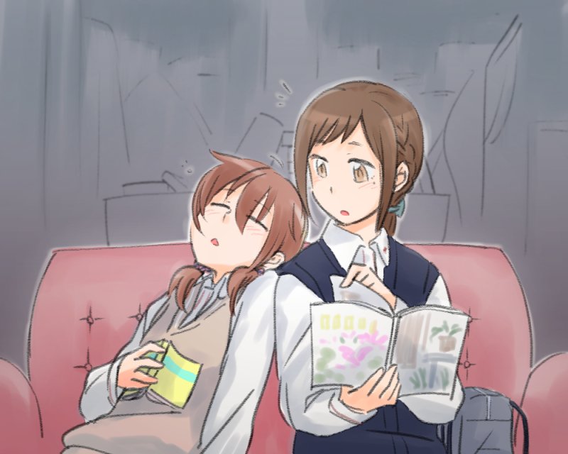 2girls, aihara_miki, bag, blush, book, brown_hair, couch, closed_eyes
