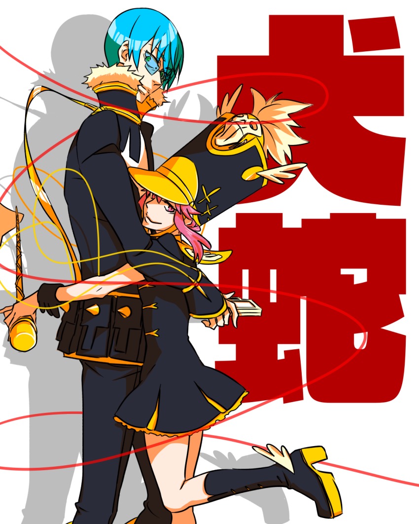 10s, 1boy, 1girl, baton, conductor_baton, blue_hair, glasses, hat