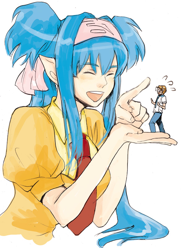 00s, blush, closed_eyes, giant, giantess, hairband, headband, klan_klein, long_hair, macross, macross_frontier, mikhail_buran, mini_person, miniboy, necktie, pointy_ears, size_difference, twintails, usutsuchi_kine, very_long_hair, zentradi