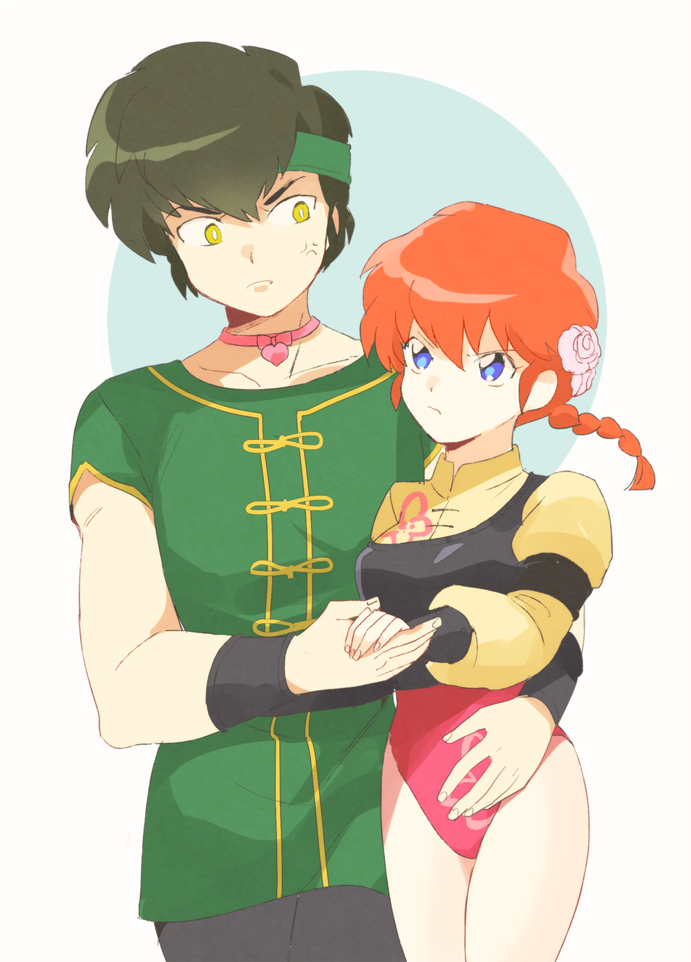 1boy, 1girl, blue_eyes, braid, collar, flower, gender_request, genderswap, hair_flower, hair_ornament, holding_hands, hetero, hibiki_ryouga, highres, leotard, machi_(mctri), ranma-chan, ranma_1/2, red_hair, saotome_ranma, single_braid, waist_hold, yellow_eyes