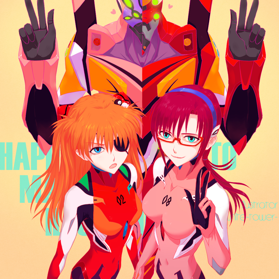 10s, 2girls, blue_eyes, bodysuit, brown_hair, double_v, eva_02, eva_08, evangelion:_3.0_you_can_(not)_redo, eyepatch, glasses, holding_hands, humanoid_robot, makinami_mari_illustrious, mecha_pilot_suit, multiple_girls, neon_genesis_evangelion, orange_hair, plugsuit_(evangelion), rebuild_of_evangelion, robot, souryuu_asuka_langley, v, white-ower, white_tower