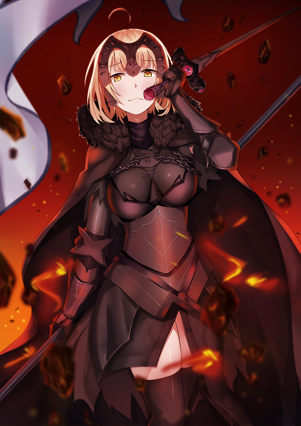 1girl, 714_(leg200kr), ahoge, arm_at_side, arm_up, armor, armored_dress, black_cape