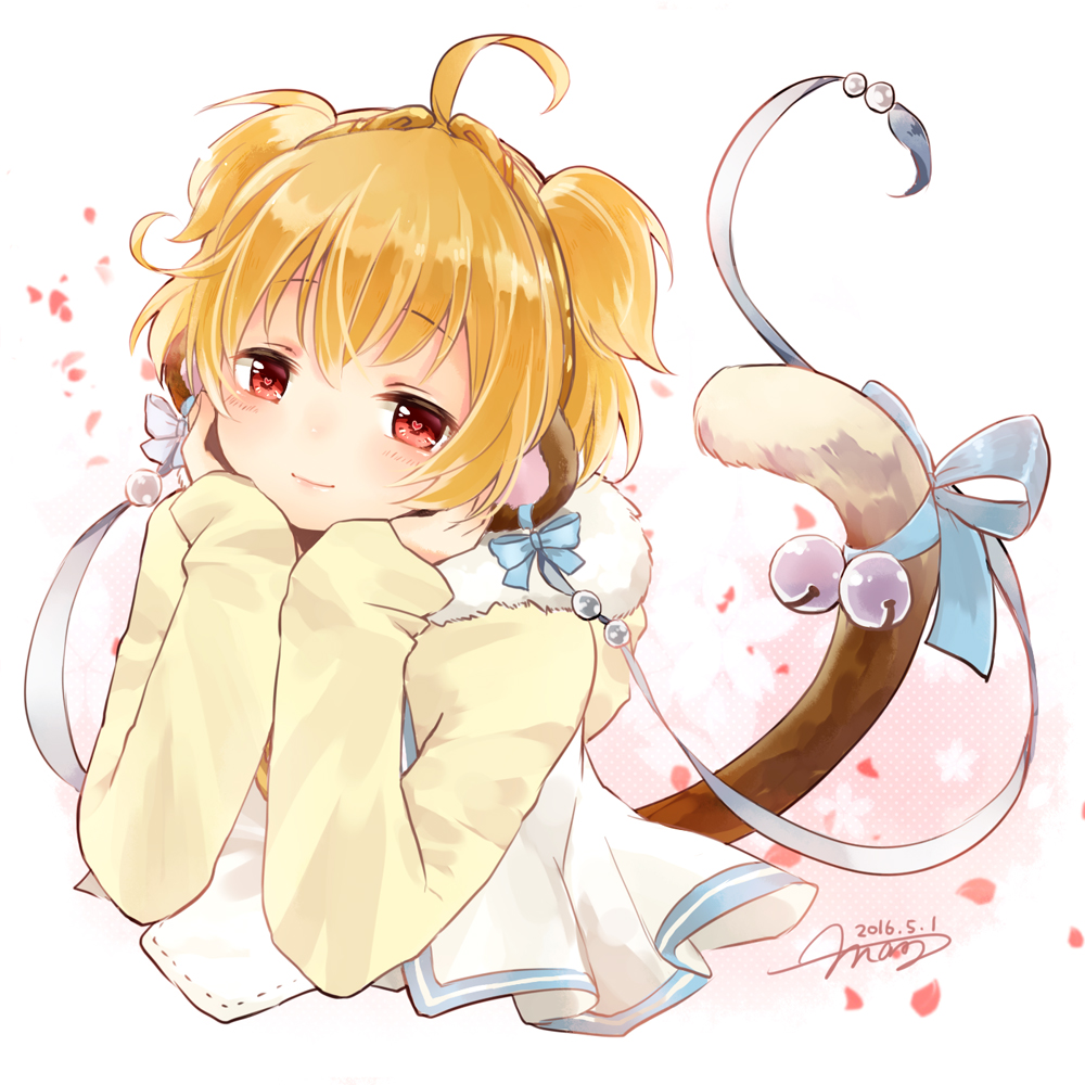 10s, 1girl, ahoge, andira_(granblue_fantasy), animal_ears, bell, blonde_hair, blush, bow, erune, female_focus, granblue_fantasy, hands_on_own_cheeks, hands_on_own_face, heart, heart-shaped_pupils, jingle_bell, looking_at_viewer, monkey_ears, monkey_tail, red_eyes, riku_manoue, short_hair, smile, solo, symbol-shaped_pupils, tail, tail_bell, tail_bow, tail_ornament