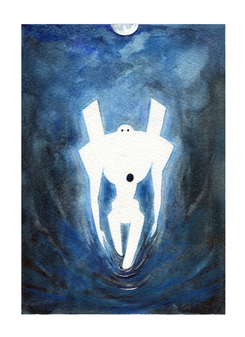 absurdres, adam_(evangelion), angel_(evangelion), core, faux_traditional_media, glowing, highres, humanoid_robot, neon_genesis_evangelion, no_humans, robot, walking, walking_on_liquid, white-ower