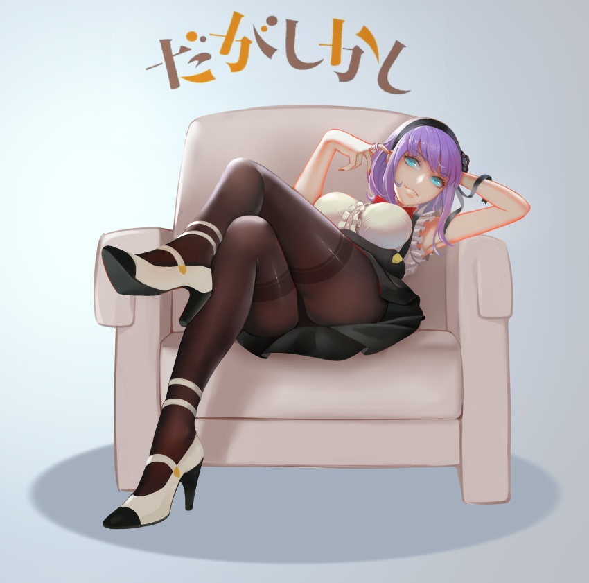 10s, 1girl, absurdres, arm_up, armchair, bad_id, bad_pixiv_id, black_flower, black_panties, black_pantyhose, black_rose, blue_eyes, bow, breasts, buttons, center_frills, chair, crossed_legs, dagashi_kashi, eyebrows, female_focus, flower, frills, full_body, hair_flower, hair_ornament, hair_ribbon, hairband, hand_in_own_hair, high-waist_skirt, high_heels, highres, large_breasts, leaning_back, looking_at_viewer, md5_mismatch, nail_polish, on_chair, panties, panties_under_pantyhose, pantyhose, pantyshot, purple_hair, red_bow, red_nails, revision, ribbon, ringed_eyes, rose, shidare_hotaru, short_hair, sitting, skirt, solo, suspender_skirt, suspenders, thighband_pantyhose, twirling_hair, underwear, upskirt, zhano_kun