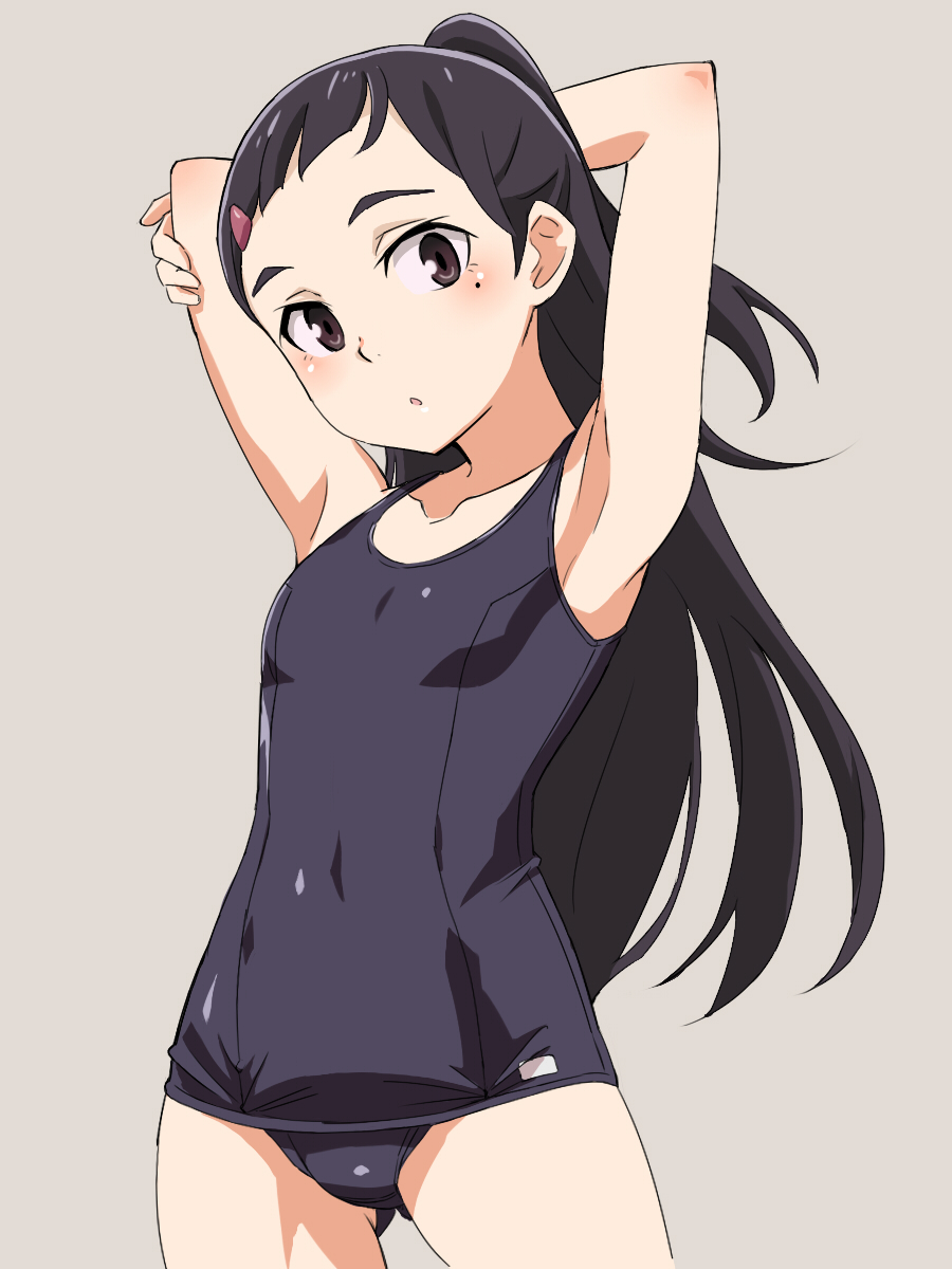 10s, 1girl, :o, armpits, arms_behind_head, bad_id, bad_pixiv_id, beaver_(artist)