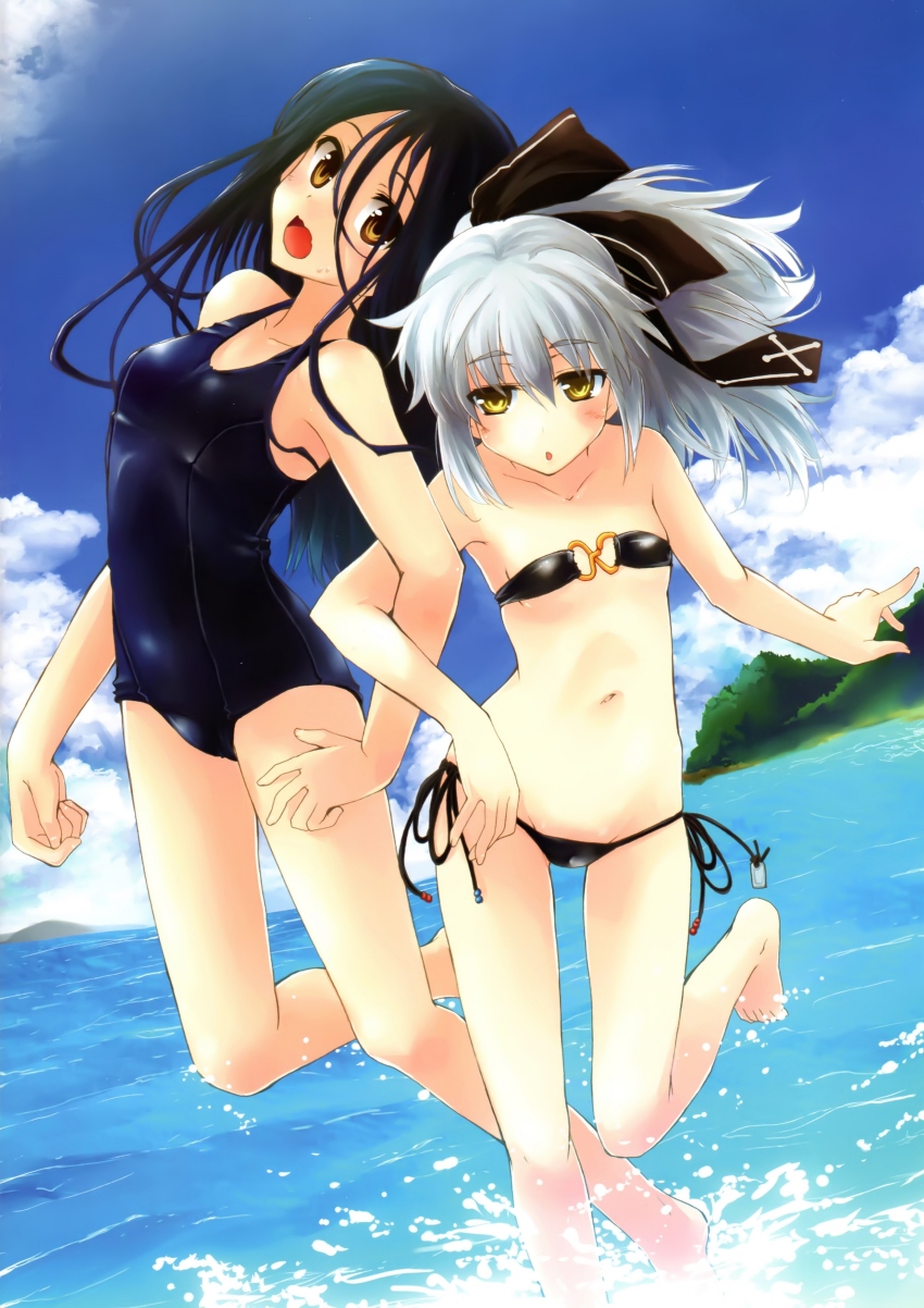 2girls, absurdres, bandeau, barefoot, bikini, black_bikini, black_hair, black_ribbon