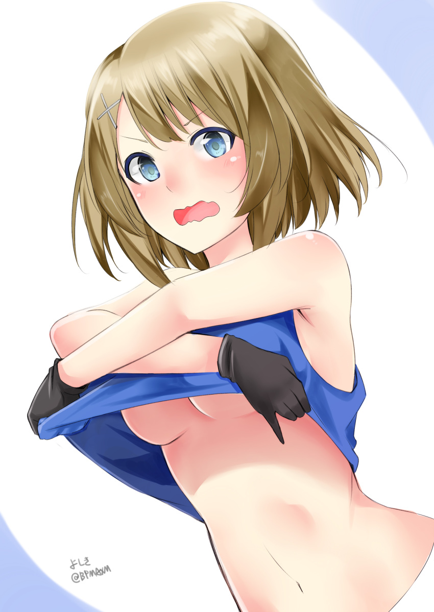 10s, 1girl, absurdres, black_gloves, blue_eyes, breasts, brown_hair, clothes_lift
