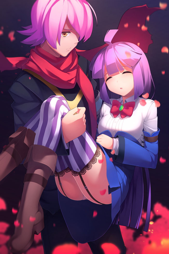 10s, 1boy, 1girl, ahoge, arm_belt, blue_skirt, blush, boots