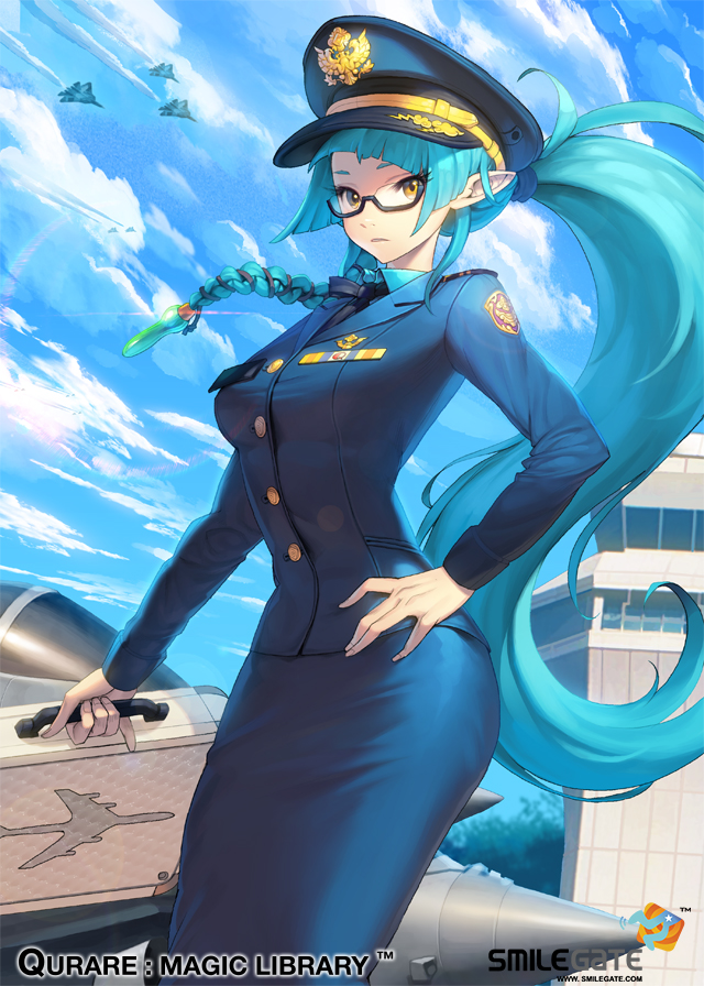 1girl, \||/, aircraft, airplane, blue_hair, braid, breasts, delphine_(qurare)