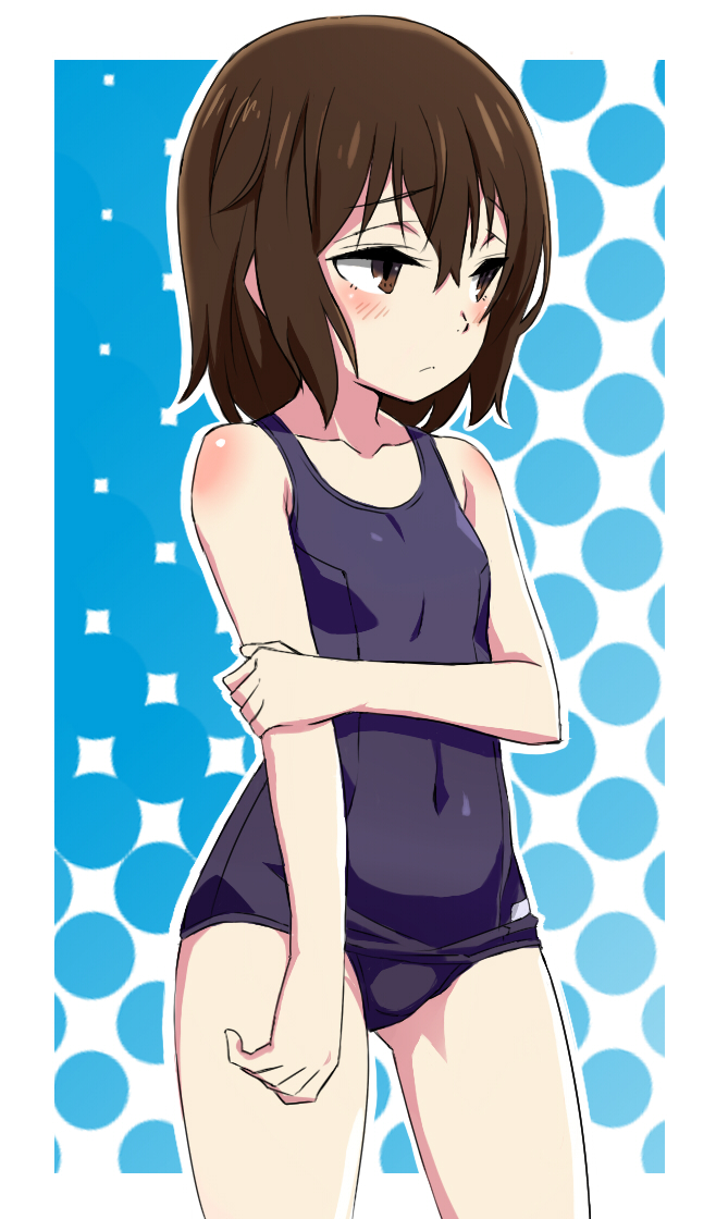 10s, 1girl, bad_id, bad_pixiv_id, beaver_(artist), black_hair, blue_background, blue_one-piece_swimsuit, blush, body_blush, boku_dake_ga_inai_machi, breasts, brown_eyes, brown_hair, child, closed_mouth, collarbone, covered_navel, cowboy_shot, embarrassed, female_focus, from_side, frown, hair_between_eyes, half-closed_eyes, hinazuki_kayo, hand_on_own_arm, legs_apart, looking_to_the_side, old_school_swimsuit, one-piece_swimsuit, open_hand, outline, outside_border, raised_eyebrows, school_swimsuit, short_hair, small_breasts, solo, standing, swimsuit