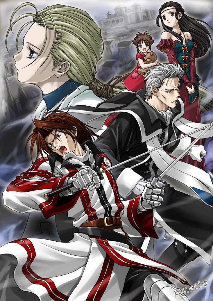 2girls, 3boys, armor, culgan_(suikoden), gensou_suikoden, gensou_suikoden_ii, jillia_blight, jowy_atreides