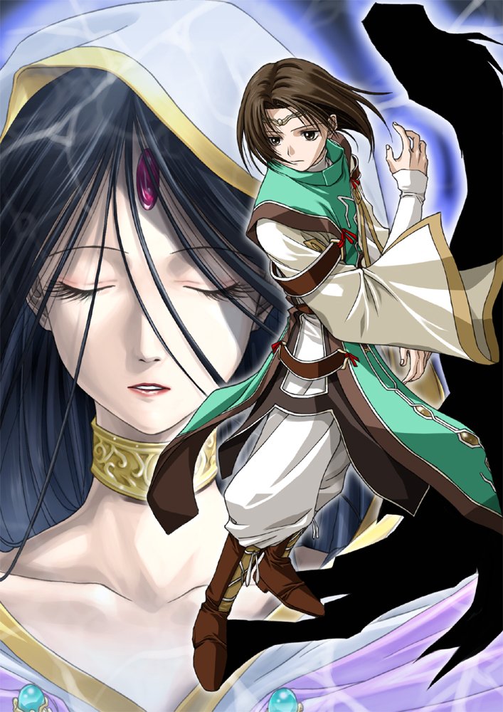 1boy, 1girl, black_hair, brown_eyes, brown_hair, circlet, closed_eyes, gensou_suikoden