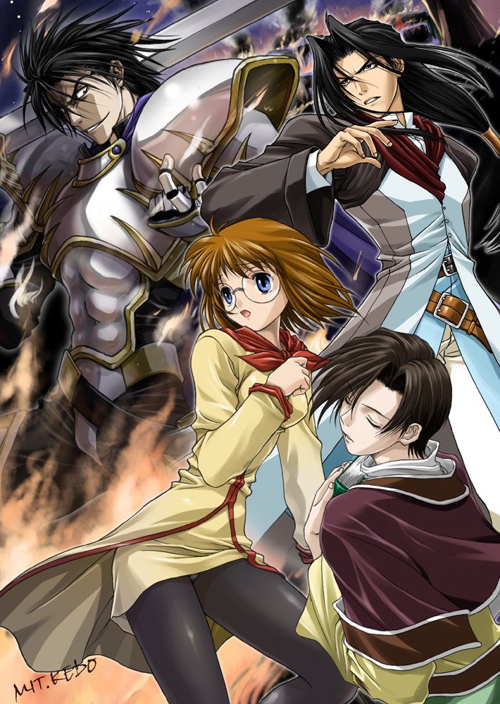 1girl, 3boys, apple_(suikoden), armor, belt, black_hair, blue_eyes, book