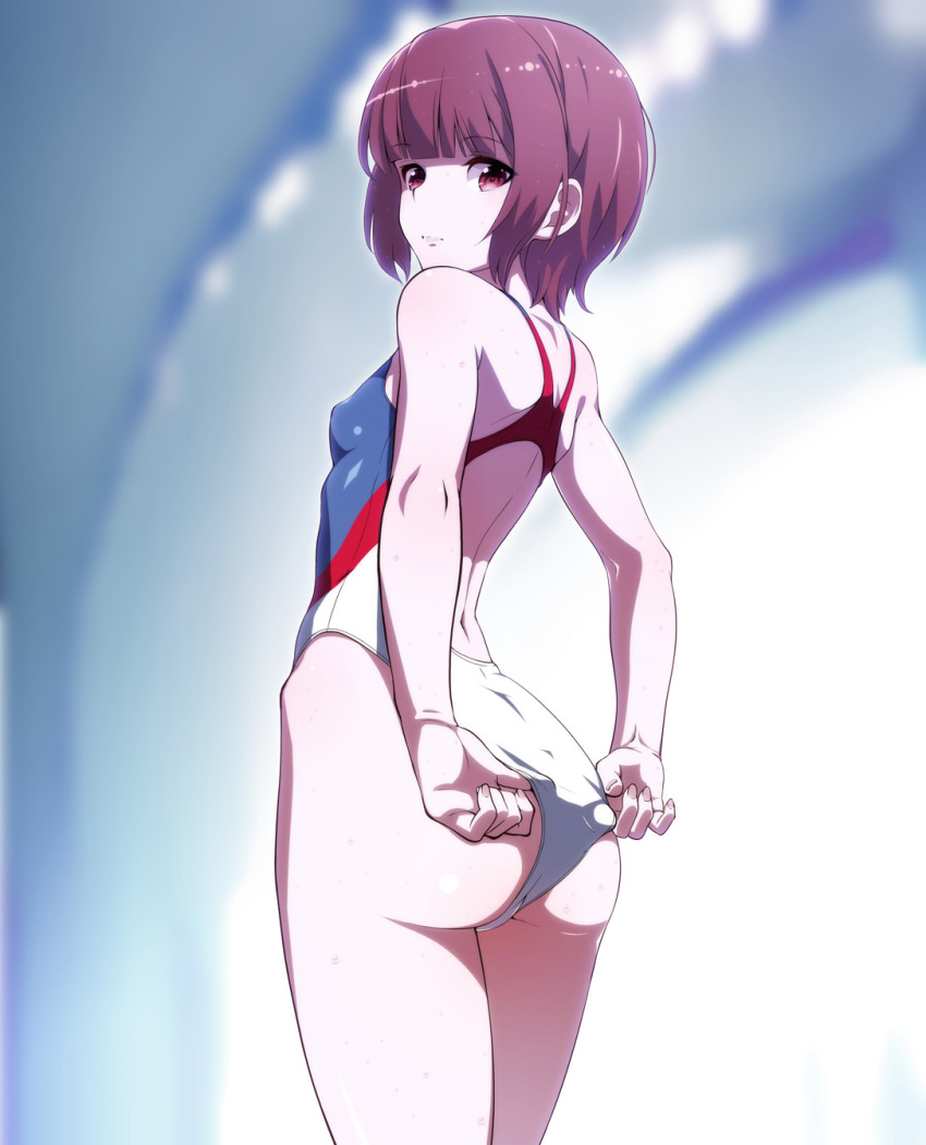 10s, 1girl, adjusting_clothes, adjusting_swimsuit, ass, back, back_cutout, brown_eyes, brown_hair, clothing_cutout, competition_swimsuit, female_focus, from_behind, highres, kantai_collection, kurihara_kenshirou, looking_at_viewer, looking_back, one-piece_swimsuit, short_hair, solo, swimsuit, z3_max_schultz_(kancolle)