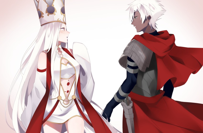 1boy, 1girl, absurdres, armor, bare_shoulders, cloak, crown, dark-skinned_male
