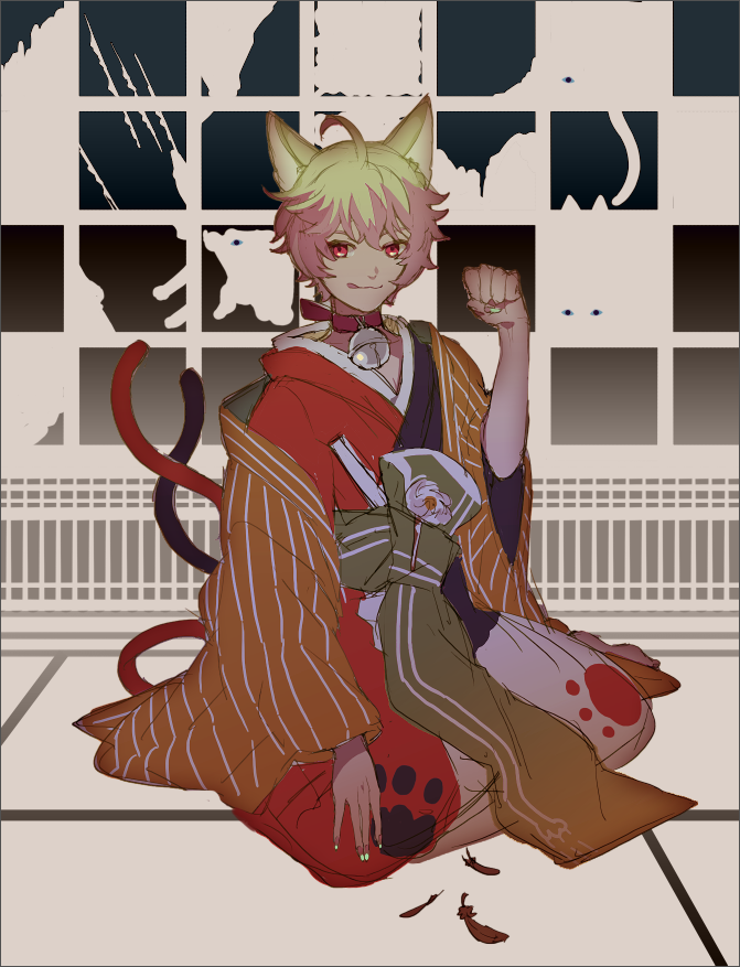 10s, 1boy, :3, animal_ears, animal_hands, bell, cat_boy, cat_ears