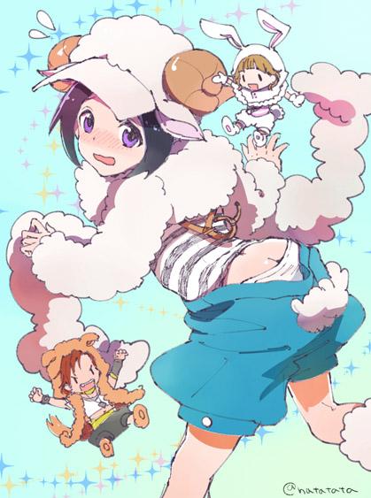 10s, 3boys, animal_ears, animal_hood, ass, blue_eyes, butt_crack, dog_ears