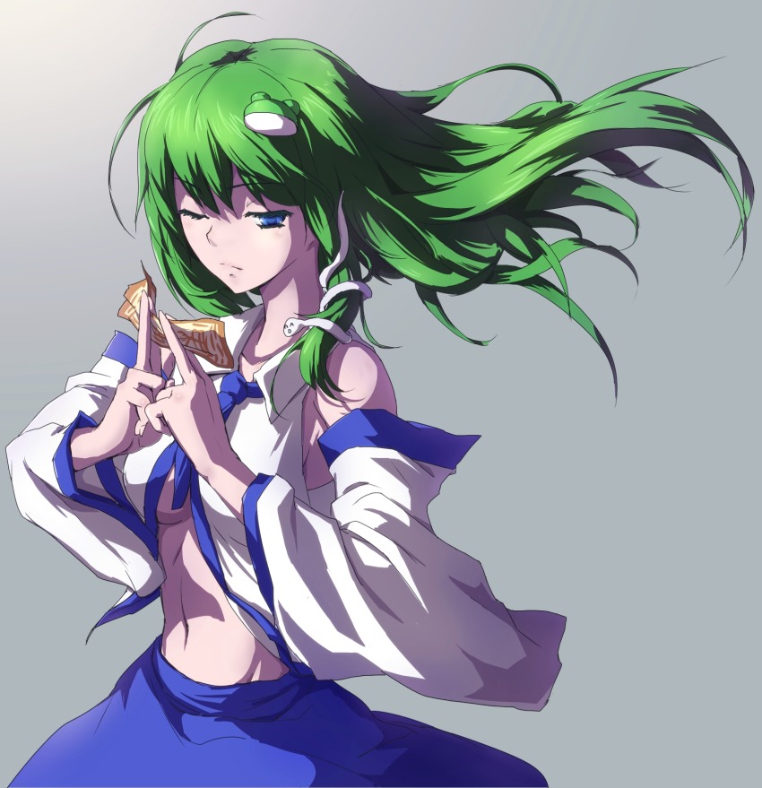 1girl, armpits, ascot, between_fingers, blue_ascot, blue_eyes, blue_skirt, boom-kun, breasts, cowboy_shot, detached_sleeves, ebiblue, female_focus, floating_hair, frog_hair_ornament, gradient_background, green_hair, groin, hair_ornament, hair_tubes, half-closed_eye, highres, holding, holding_ofuda, japanese_clothes, kochiya_sanae, long_hair, long_sleeves, looking_at_viewer, midriff, miko, navel, ofuda, ofuda_between_fingers, one_eye_closed, open_clothes, skirt, snake_hair_ornament, solo, stomach, touhou, underboob, wide_sleeves