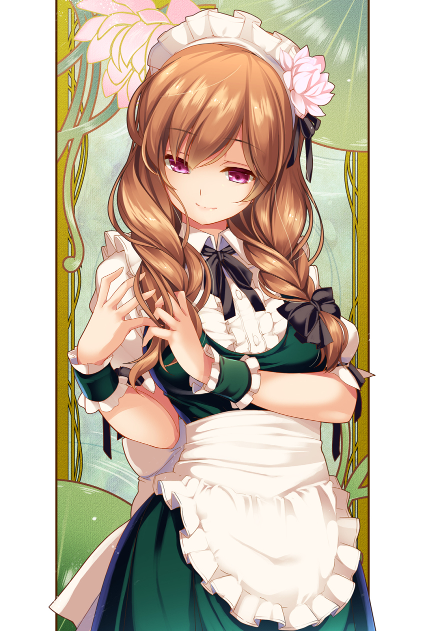 1girl, alternate_costume, apron, black_bow, black_ribbon, bow, braid, braiding_hair, brown_hair, enmaided, female_focus, flower, flower_knight_girl, hair_bow, hair_flower, hair_ornament, hairdressing, highres, long_hair, maid, maid_apron, maid_headdress, monety, ooonibasu_(flower_knight_girl), pink_eyes, puffy_short_sleeves, puffy_sleeves, ribbon, short_sleeves, sidelocks, smile, solo, wrist_cuffs