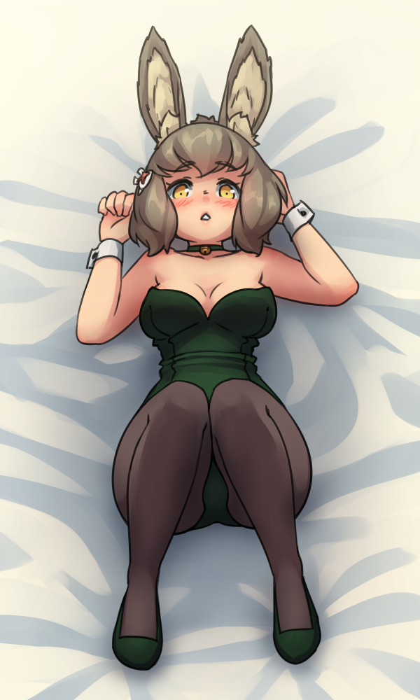 1girl, animal_ear_fluff, animal_ears, bare_shoulders, bed_sheet, bell, blush, breasts, choker, etrian_odyssey, eyebrows, fake_animal_ears, female_focus, grey_hair, jingle_bell, large_breasts, looking_at_viewer, lying, monorus, neck_bell, on_back, pantyhose, playboy_bunny, rabbit_ears, sekaiju_no_meikyuu, sekaiju_no_meikyuu_5, short_hair, solo, therian_(sekaiju), triangle_mouth, wrist_cuffs, yellow_eyes