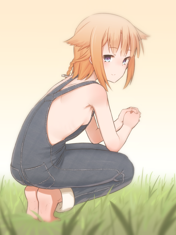 1girl, bare_shoulders, barefoot, blonde_hair, blue_eyes, braid, breasts, cevio
