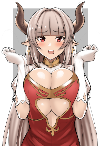 10s, 1girl, alicia_(granblue_fantasy), blunt_bangs, blush, breasts, breasts_squeezed_together, center_opening