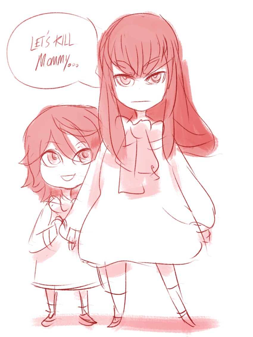 10s, 2girls, aged_down, animunerdery, closed_mouth, dress, english_text, expressionless, female_focus, full_body, happy, height_difference, highres, kill_la_kill, kiryuuin_satsuki, long_hair, long_sleeves, matoi_ryuuko, monochrome, multiple_girls, necktie, open_mouth, red_theme, short_hair, siblings, simple_background, sisters, smile, spoilers, standing, thick_eyebrows, white_background