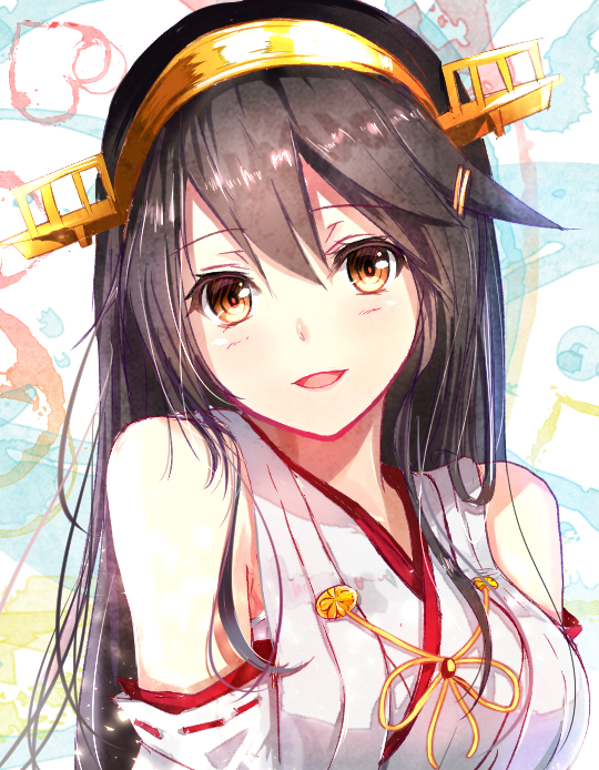 10s, 1girl, bare_shoulders, black_hair, blush, breasts, brown_eyes, detached_sleeves