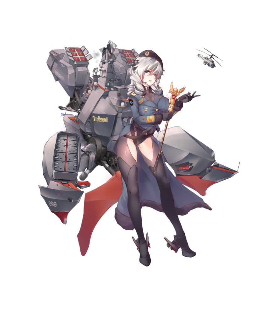 1girl, aircraft, aoi_lavender, belt, black_gloves, black_hat, black_thighhighs, blue_eyes